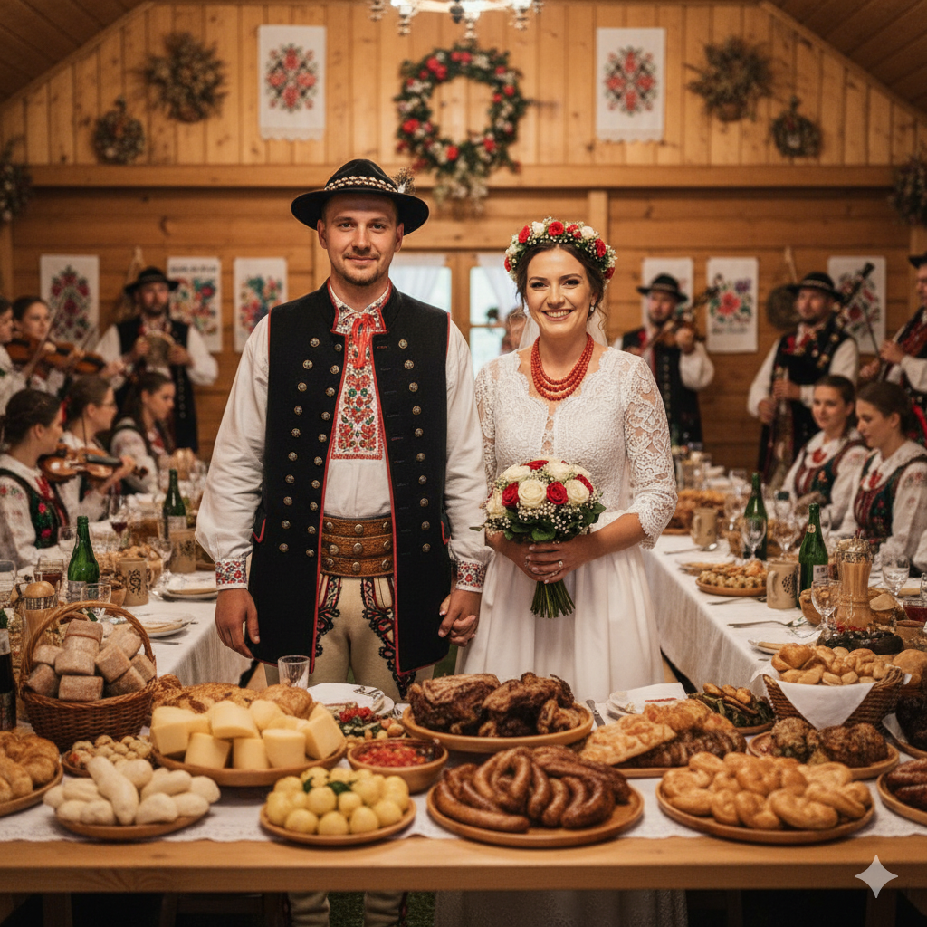 Młoda Para w tradycyjnych strojach góralskich (Pan Młody w czarnym gorsecie i kapeluszu, Panna Młoda w wianku i czerwonych koralach) uśmiecha się na tle drewnianej sali, z przodu stoły uginają się od regionalnych potraw, pokazując Strój na góralskie wesele.
