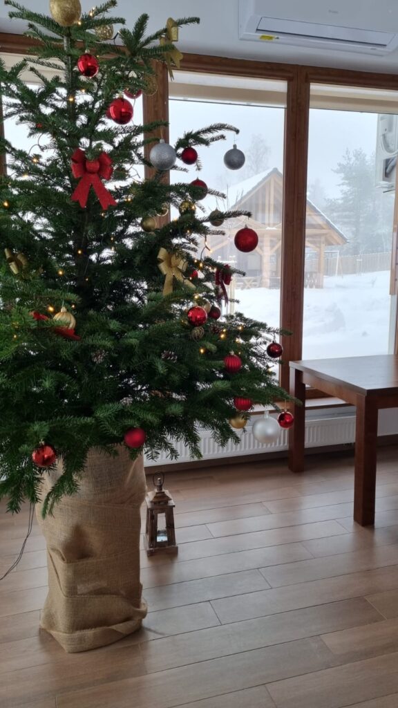 Wysoka choinka świąteczna ozdobiona czerwonymi i złotymi bombkami oraz czerwoną kokardą, umieszczona w wiklinowym koszu jutowym. Choinka stoi w jasnym, nowoczesnym pomieszczeniu z drewnianą podłogą i dużymi oknami, za którymi widać zimowy, zasypany śniegiem krajobraz Beskidu Wyspowego. Ta elegancka dekoracja w hotelu Serce Beskidu tworzy odpowiedni klimat, niezależnie od tego, jaki strój na wigilię firmową wybierzesz.